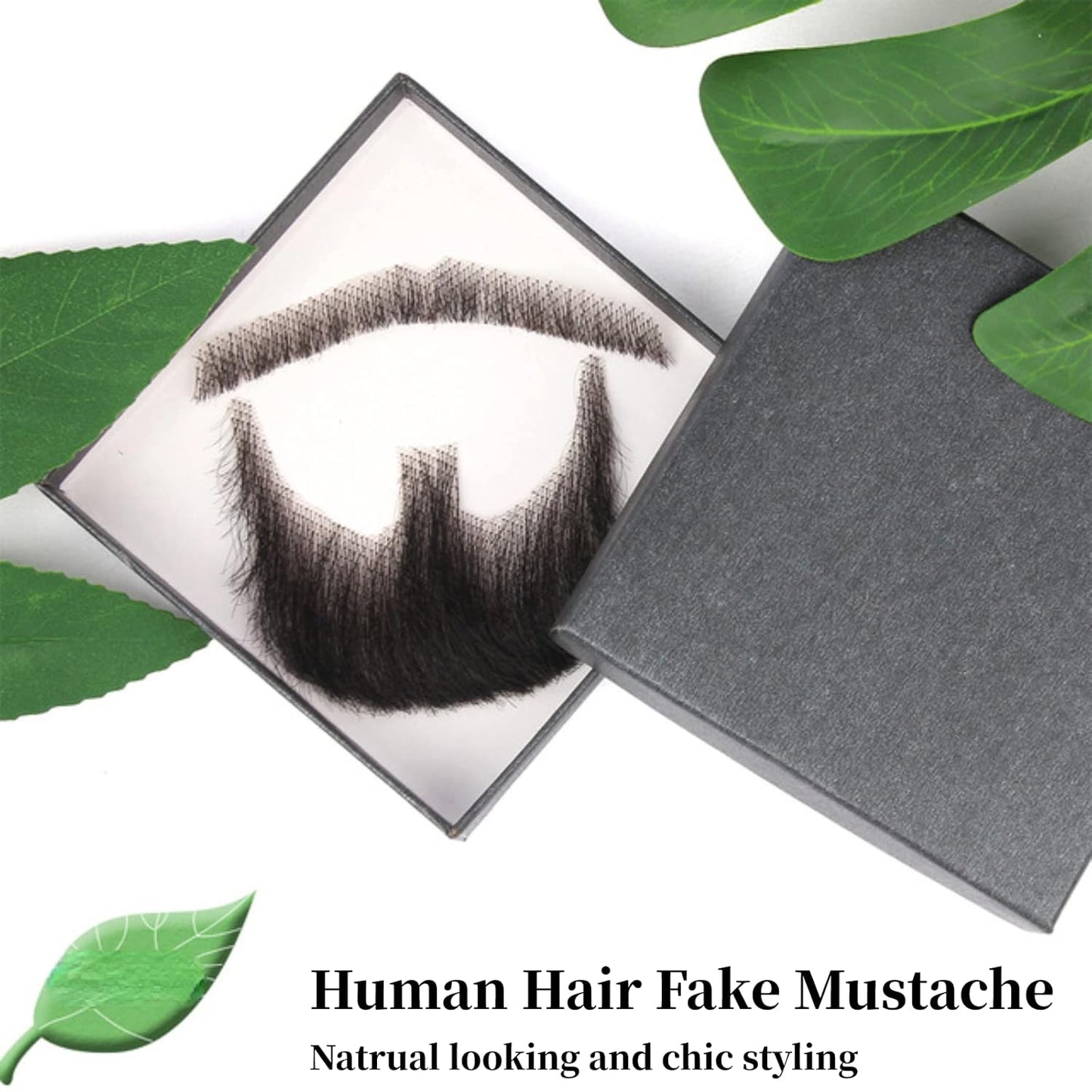 BYEBYE KNOT Human Hair Fake Mustache, Realistic Beard Fake Facial Hair, Artificial Goatee for Entertainment Drama Party Movie Prop (Black)