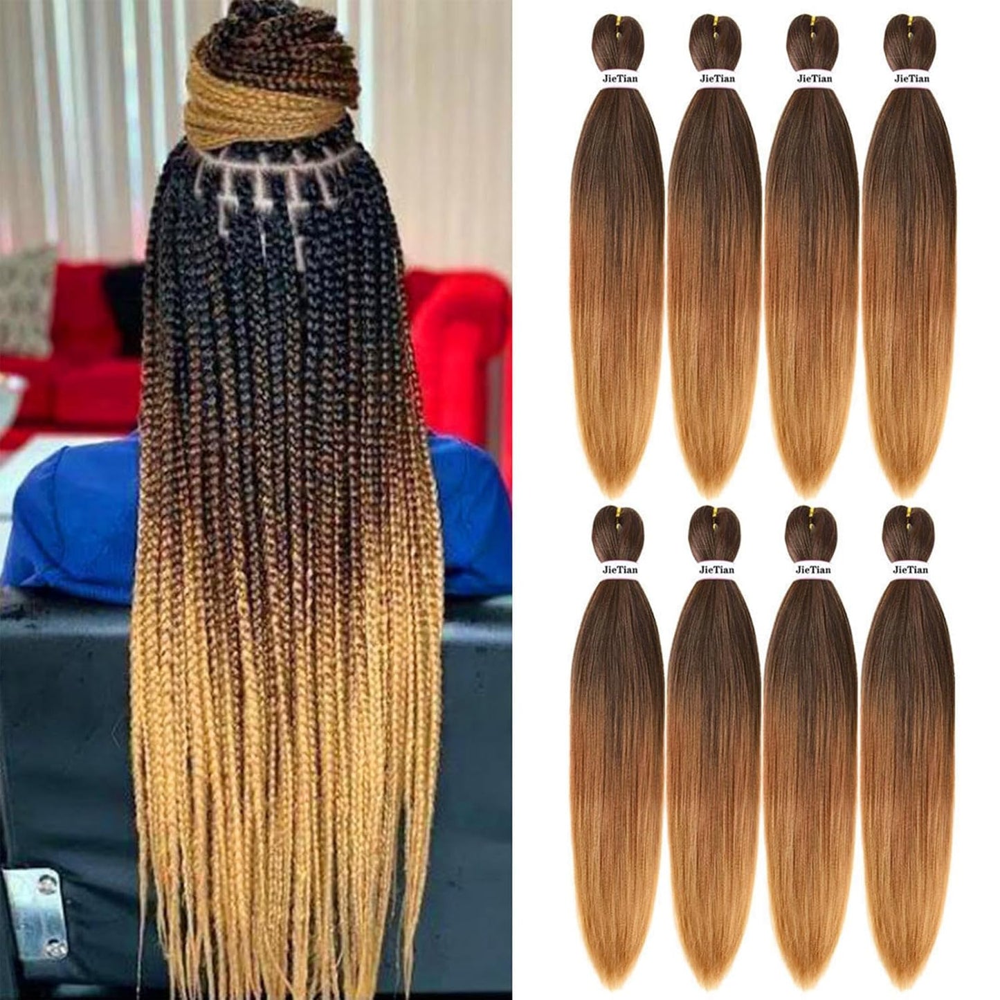 CURTAIN BANG Pre Stretched Braiding Hair Ombre 30 Inch 8 Packs Synthetic Crochet Braids Hot Water Setting Professional Soft Yaki Texture Synthetic Hair Extensions(1B/30/27)