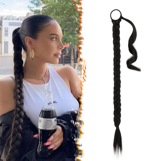 Transparency Knot Long Braided Ponytail Extension with Hair Straight Wrap Around Ponytail Hair Extensions with Hair Tie Soft healthy Synthetic Hair Piece for Women girls Daily