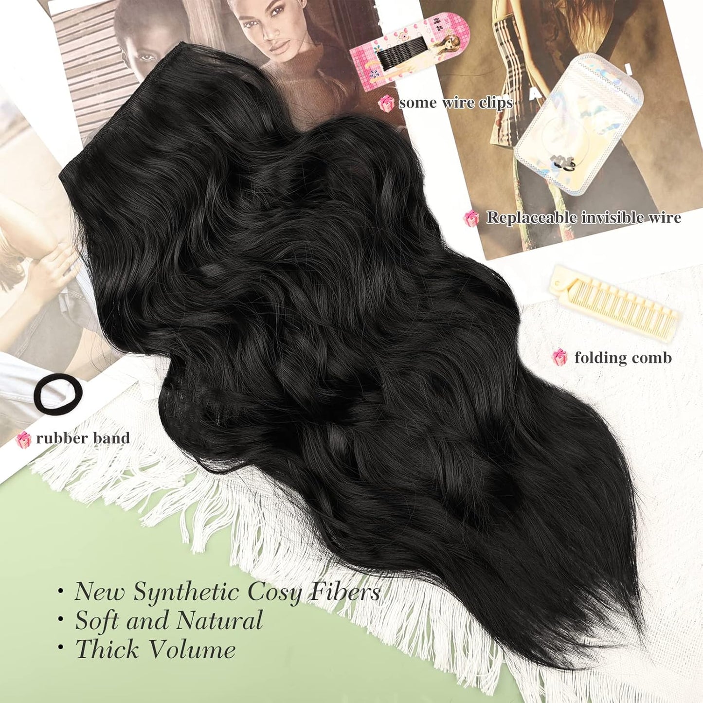 TOUCH WOOD Invisible Wire Hair Extensions - 20 Inch Natural Black Long Wavy Synthetic Hairpiece with Transparent Wire Adjustable Size, 4 Secure Clips for Women