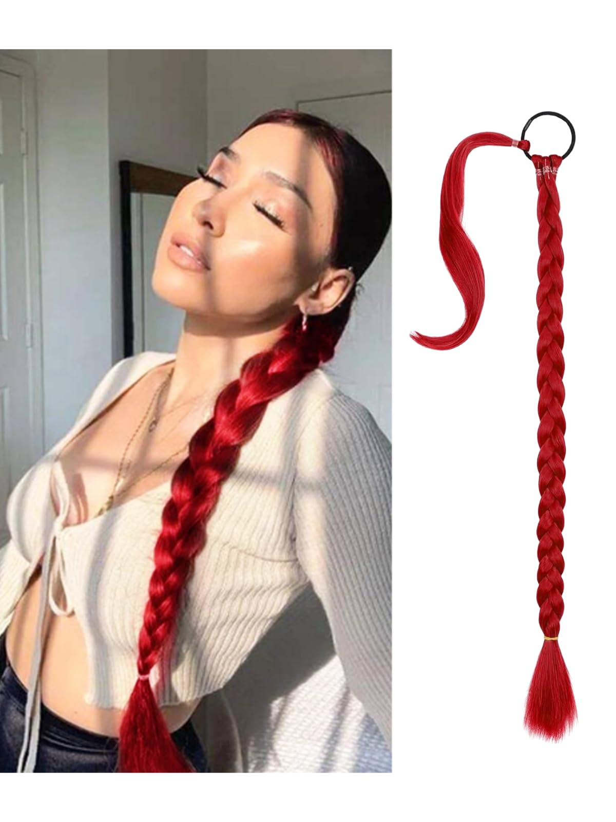 Transparency Knot Long Braided Ponytail Extension with Hair Straight Wrap Around Ponytail Hair Extensions with Hair Tie Soft healthy Synthetic Hair Piece for Women girls Daily