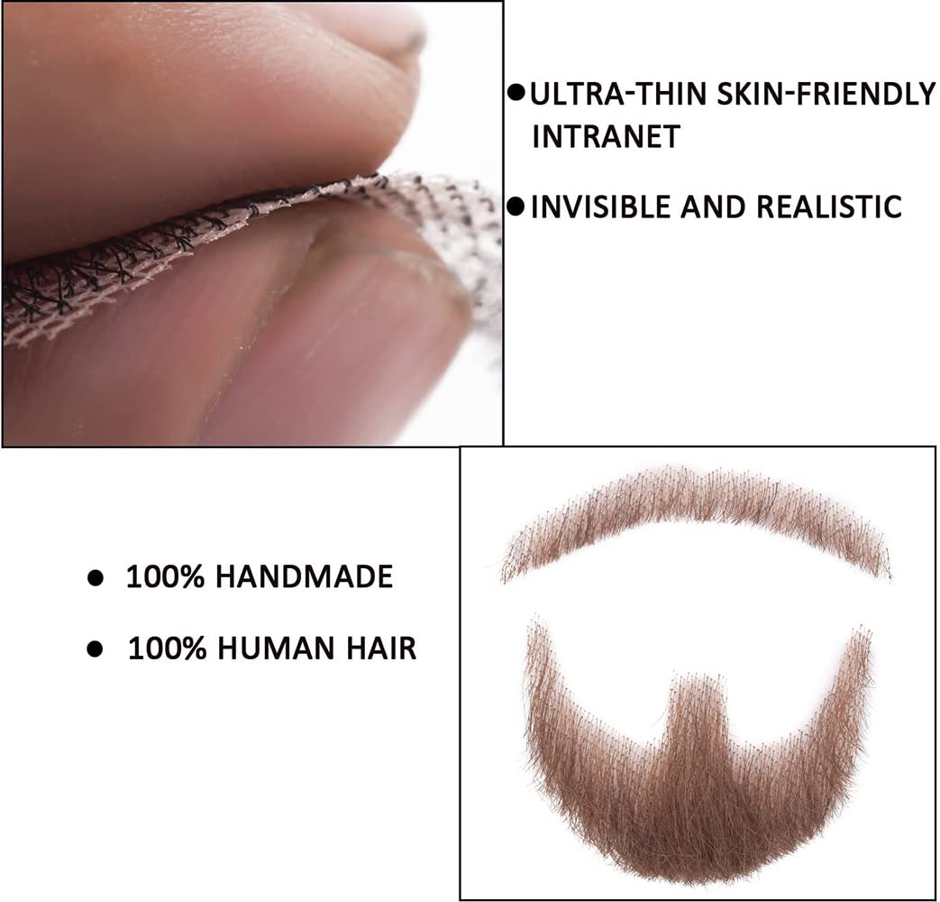 BLONDE UNICORN Fake Beard Realistic Mustache Human Hair Full Hand Tied Facial Hair Brown Goatee False Beards Lace Invisible Fake Mustache for Entertainment Drama Party Movie Makeup