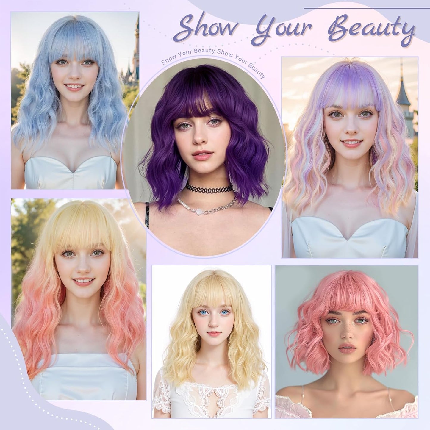 TOUCH WOOD Purple Wig Short Bob Wavy Wig with Bangs for Women Natural Look Loose Curly Shoulder Length Wig Synthetic Cosplay Wig for Girl Daily Use Colorful Cosplay Wigs 14 Inch