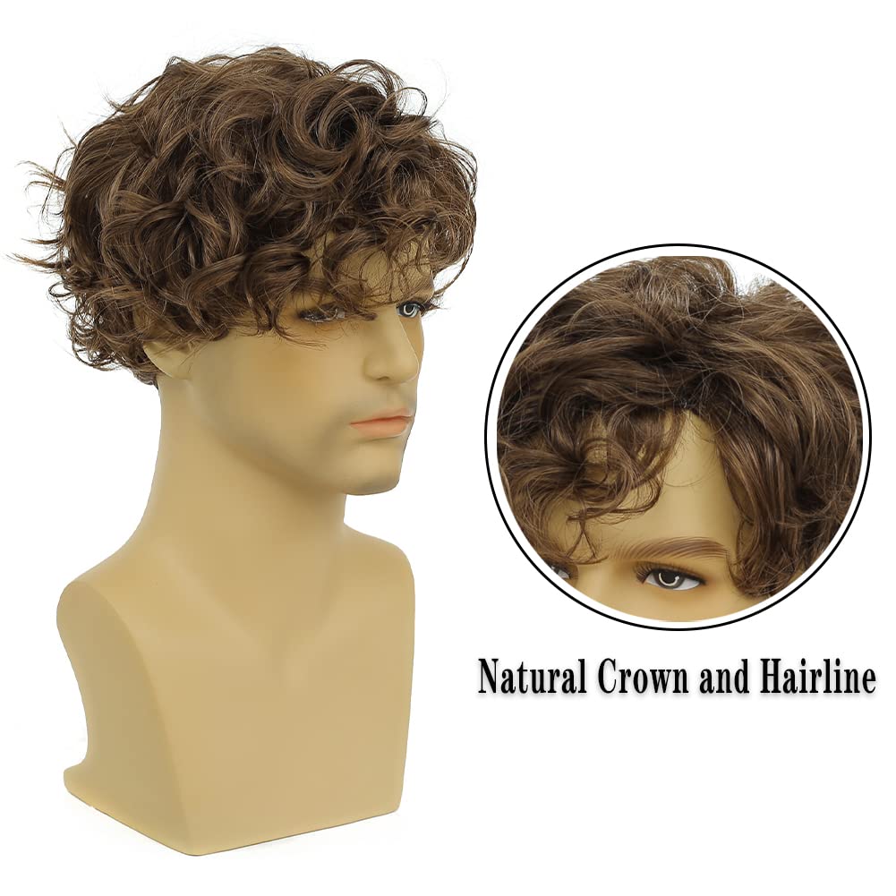 BLONDE UNICORN Short Brown Wigs for Men Curly Layered Natural Looking Side Part Hair Heat Resistant Synthetic Wigs with Wig Cap (Brown)