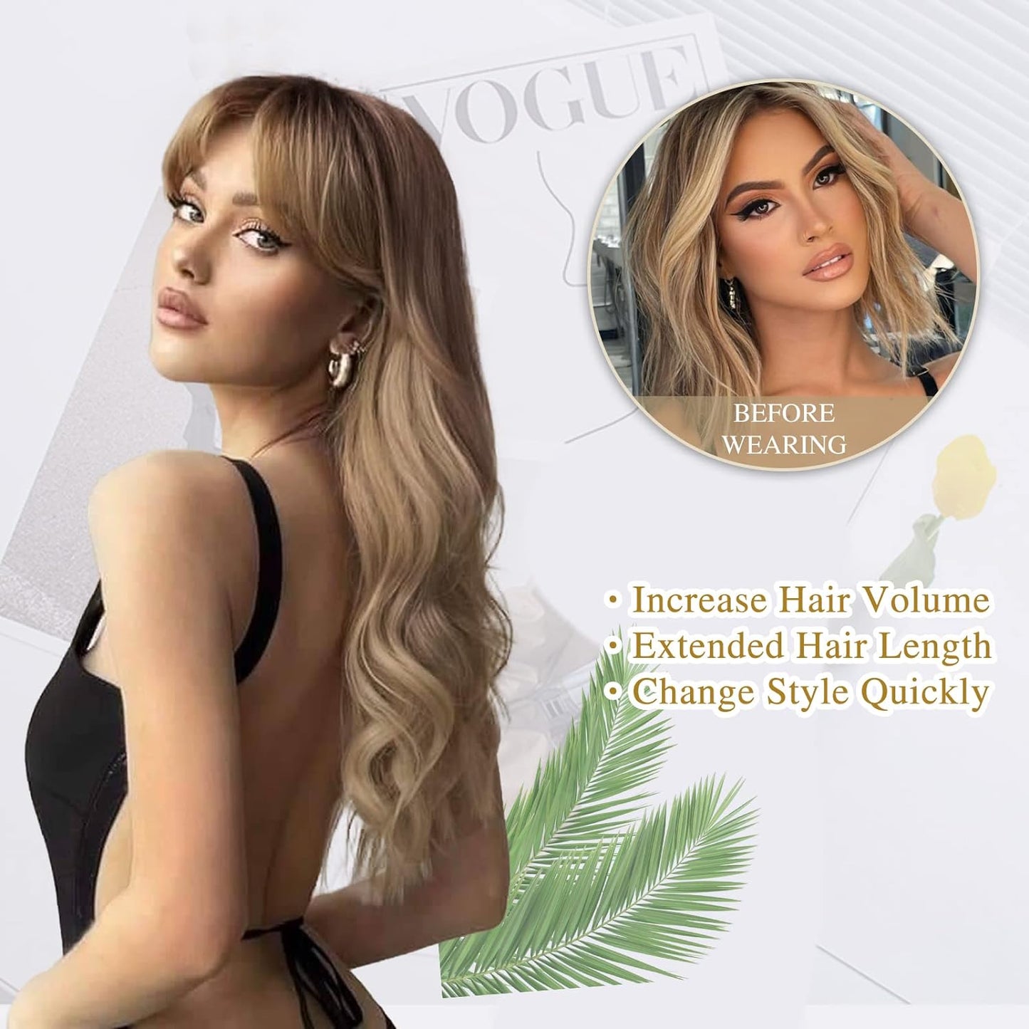 Authenhair  Blonde Wig With Bangs Long Wavy Curly Ombre Wig with Dark Root Synthetic Heat Resistant Wigs for Women Daily Party Use 26 Inches
