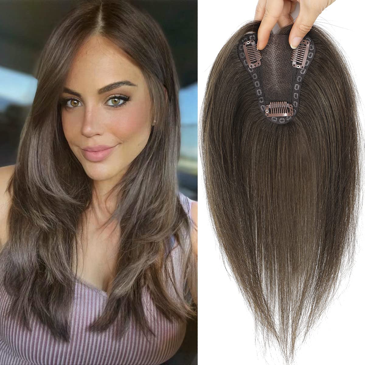 Transparency Knot Hair Toppers for Women Real Human Hair,12inch Hairs Topper for Women No Bangs Top Hairs Extensions/Pieces Human Hair Reusable Natural Black