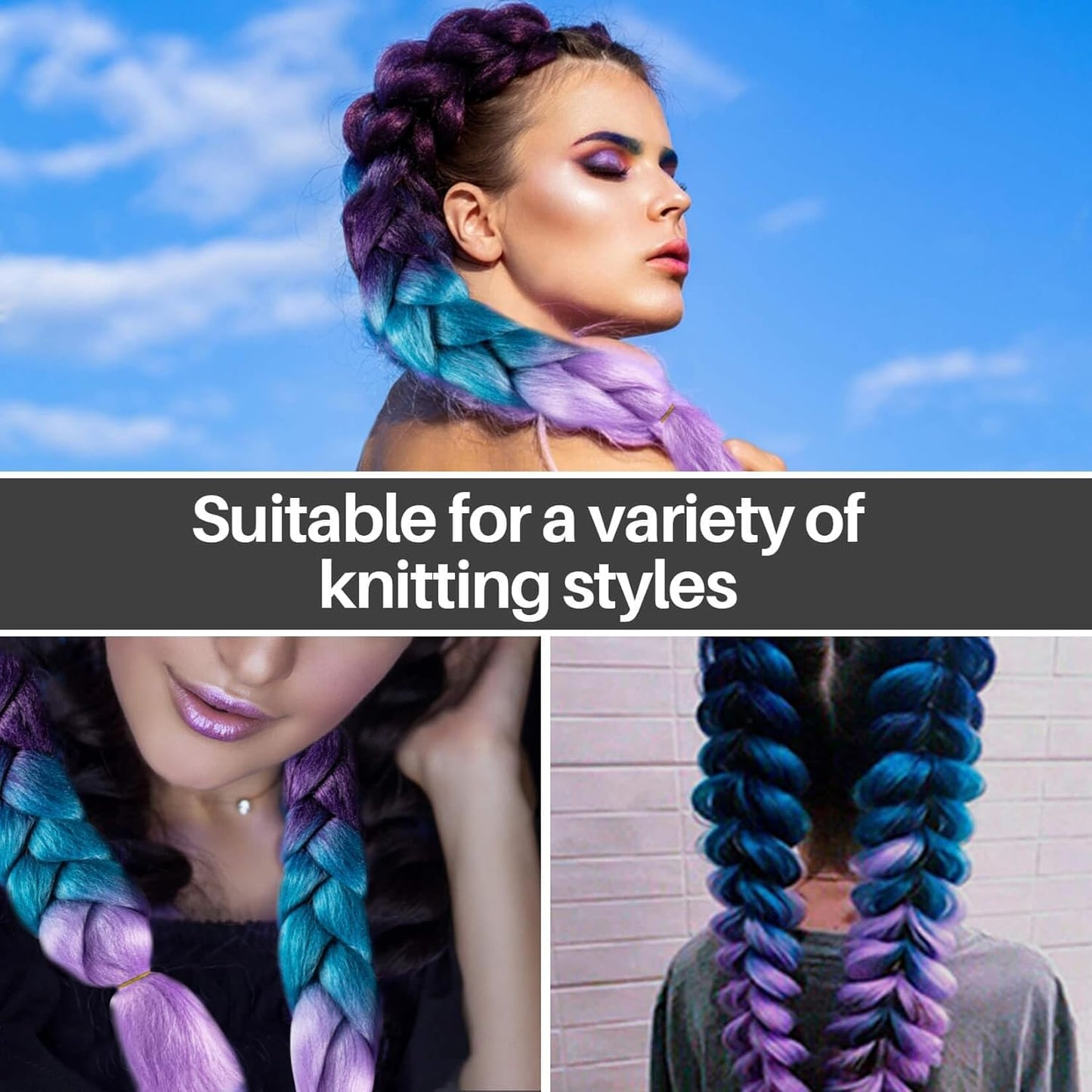 MONOTOP HAIR 2 Pack Jumbo Braiding Hair - 24Inch purple-lake blue-light purple Braiding Hair Synthetic Hair Extensions Rainbow Braiding Hair High Temperature Synthetic braiding hair Wedding Makeup Styling