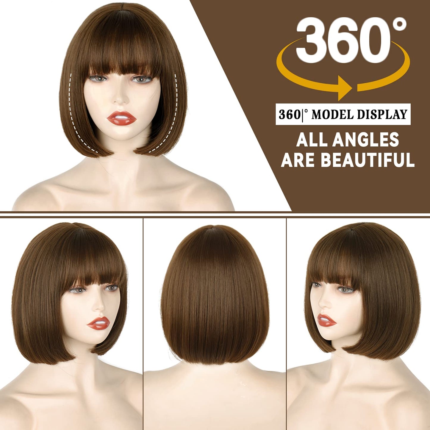StepGo Lace Short Brown Bob Wig with Bangs,10 inch Brown Straight Bob Wig for Women Heat Resistant Fiber for Cospaly Velma