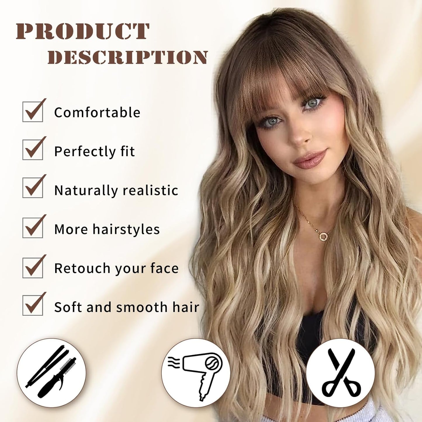 Authenhair  Blonde Wig With Bangs Long Wavy Curly Ombre Wig with Dark Root Synthetic Heat Resistant Wigs for Women Daily Party Use 26 Inches