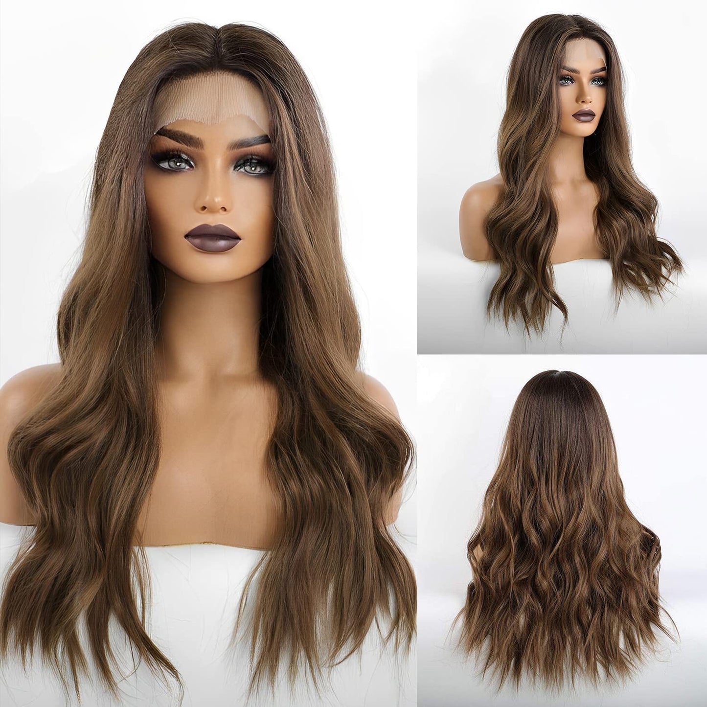 Authenhair Long Brown Lace Front Wig for Women, 25 Inch Natural Hair Wavy Synthetic Wigs Middle Part Daily Hair Hand Tied/Longlife/Lightweight