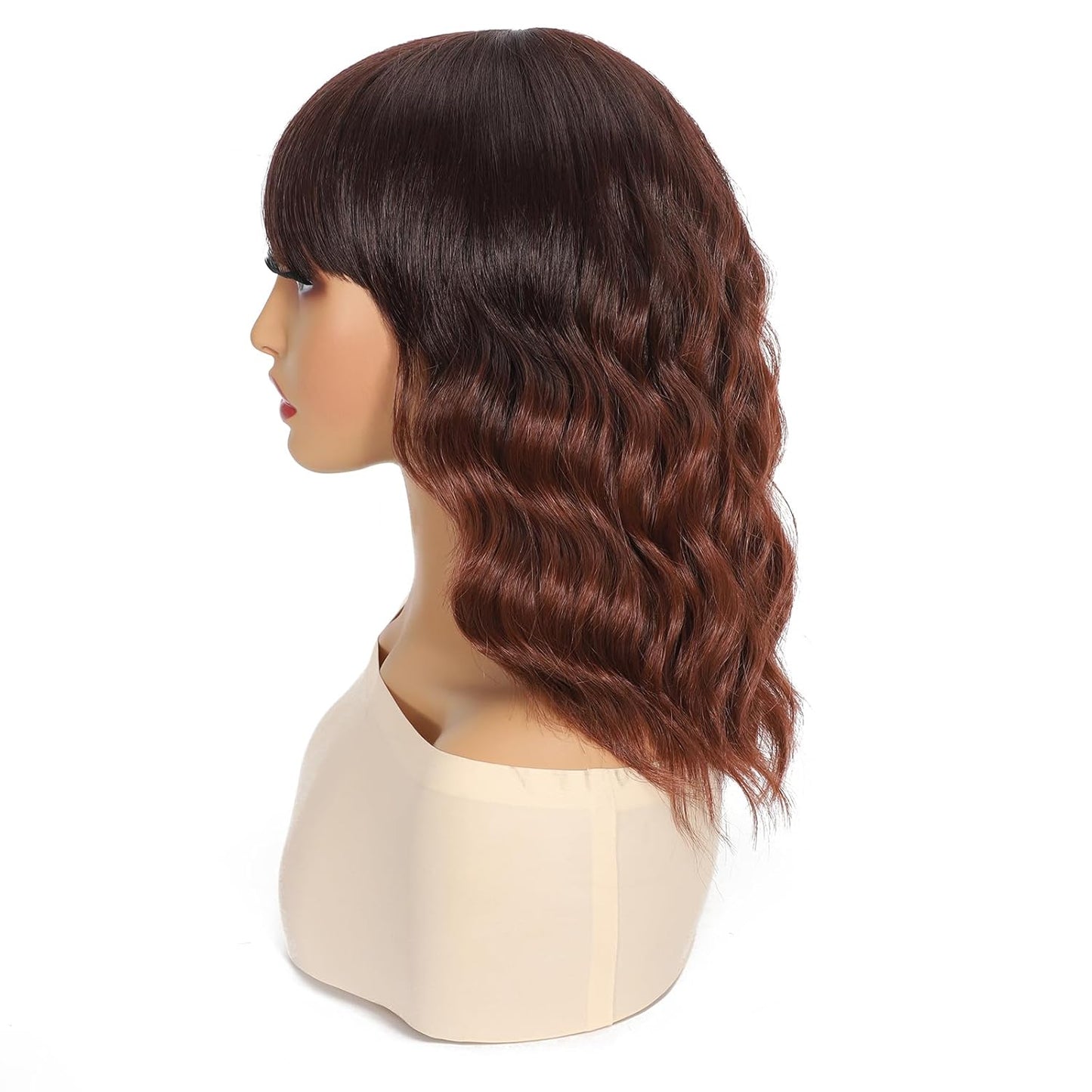 CURTAIN NBANG Short Wig With Bangs For Women,Synthetic Cosplay Bob Wigs,Curly Hair Wigs For Daily Party Use,Natural Looking Heat Resistant Shoulder Length Wig(Ombre Dark Copper)