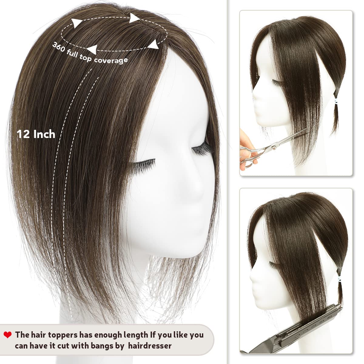 Transparency Knot Hair Toppers for Women Real Human Hair,12inch Hairs Topper for Women No Bangs Top Hairs Extensions/Pieces Human Hair Reusable Natural Black
