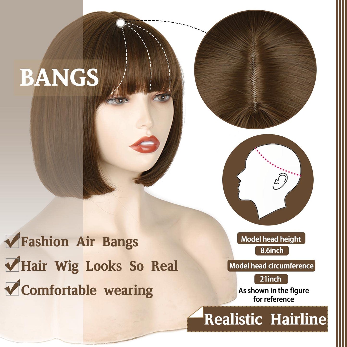 StepGo Lace Short Brown Bob Wig with Bangs,10 inch Brown Straight Bob Wig for Women Heat Resistant Fiber for Cospaly Velma