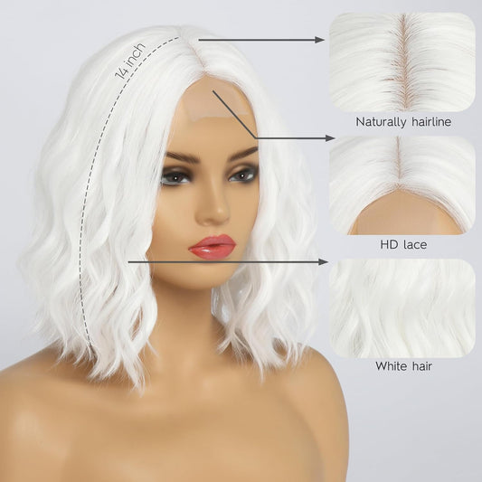 TRANSPARENCY KNOT Short Wavy White Wigs for Women 14 Inch Middle Part Shoulder Length Bob Wavy White Wig Curly Wavy Synthetic Cosplay Wig for Girl Colorful Costume Wigs