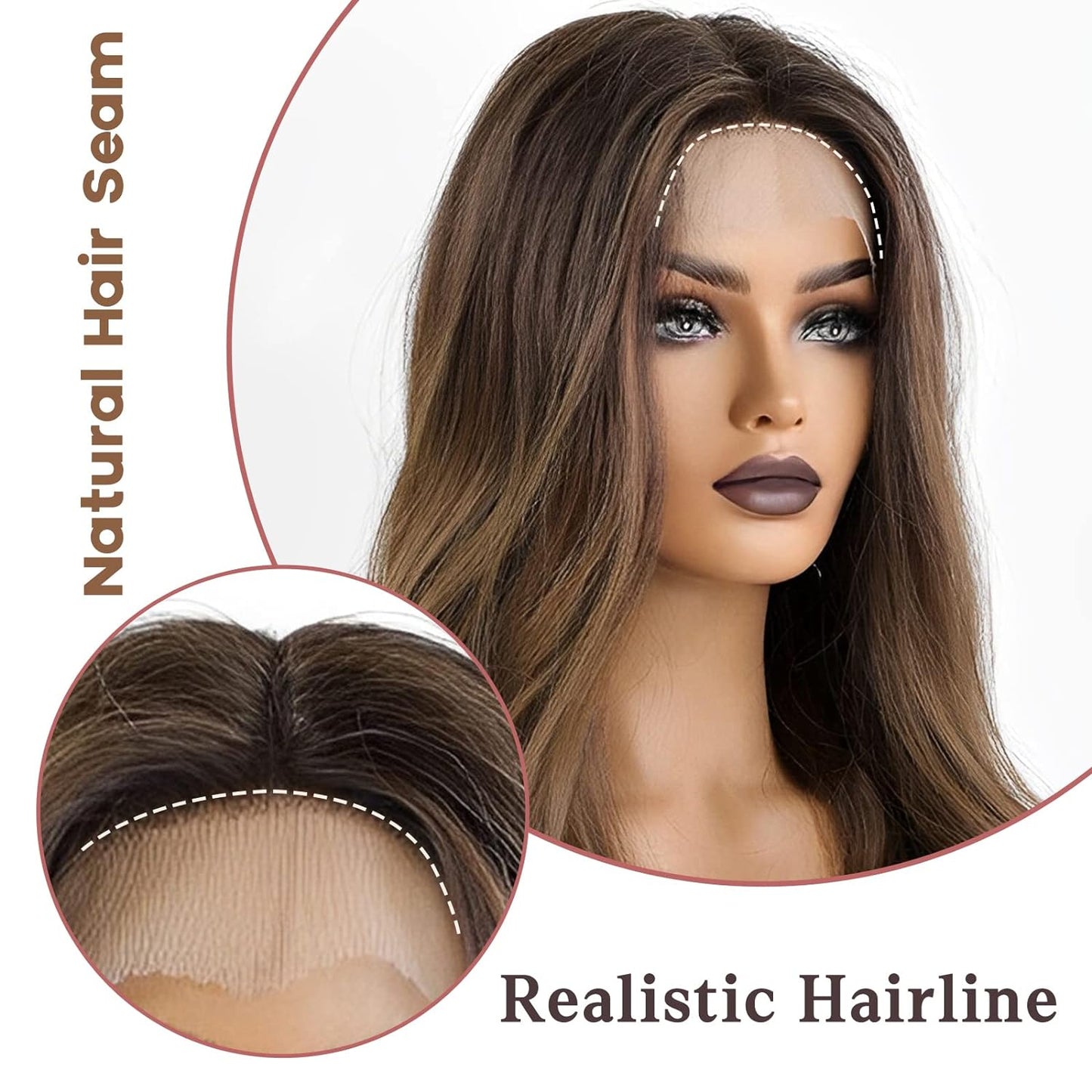 Authenhair Long Brown Lace Front Wig for Women, 25 Inch Natural Hair Wavy Synthetic Wigs Middle Part Daily Hair Hand Tied/Longlife/Lightweight