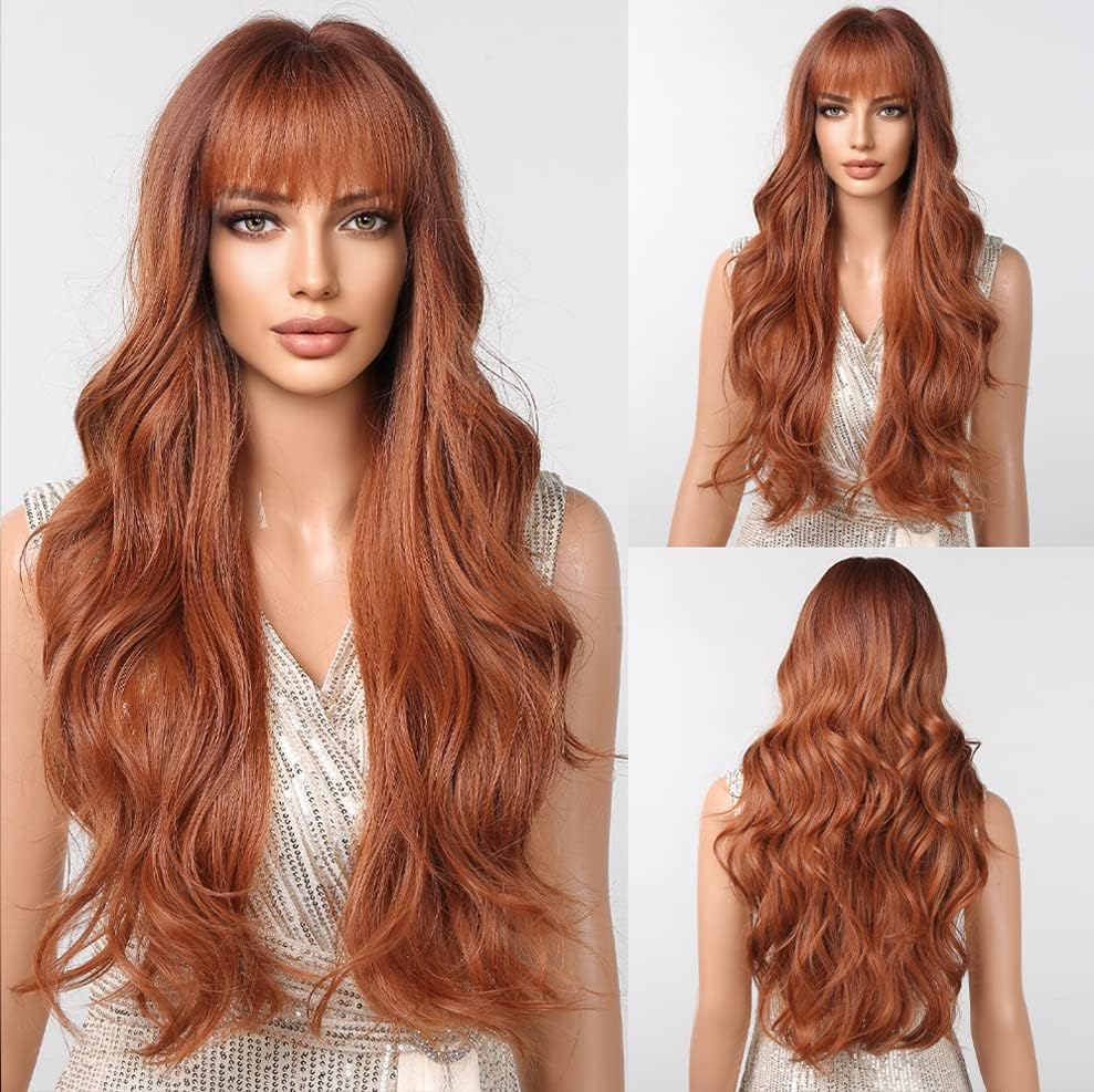 MONOTOP HAIR Long Curly Ginger Orange Wigs with Bangs for Women, Heat Resistant Synthetic Wavy Wigs for Daily/Party/Cosplay