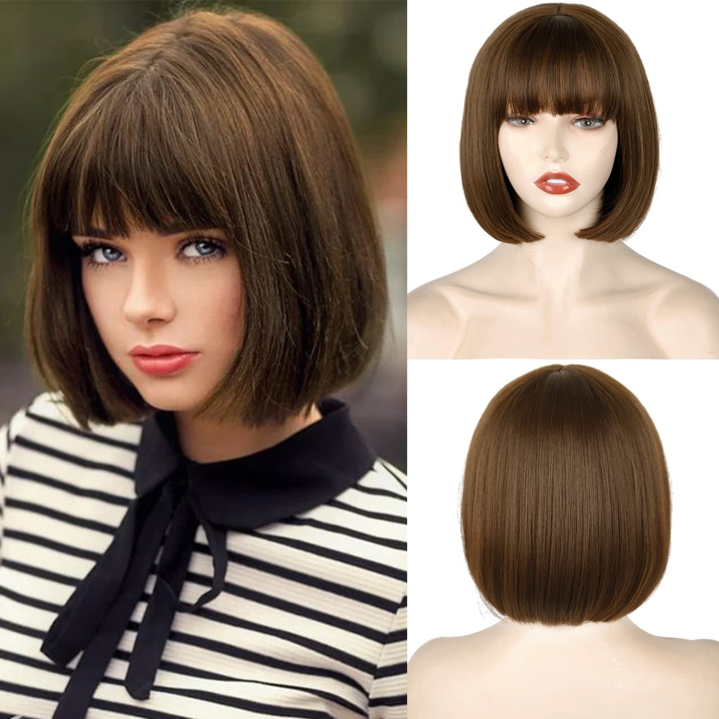 StepGo Lace Short Brown Bob Wig with Bangs,10 inch Brown Straight Bob Wig for Women Heat Resistant Fiber for Cospaly Velma