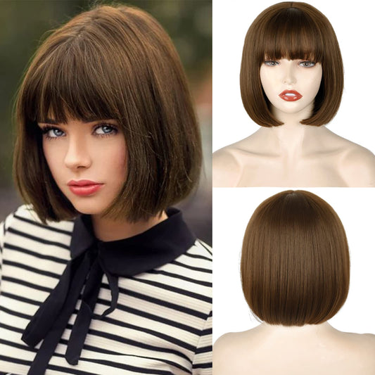 StepGo Lace Short Brown Bob Wig with Bangs,10 inch Brown Straight Bob Wig for Women Heat Resistant Fiber for Cospaly Velma