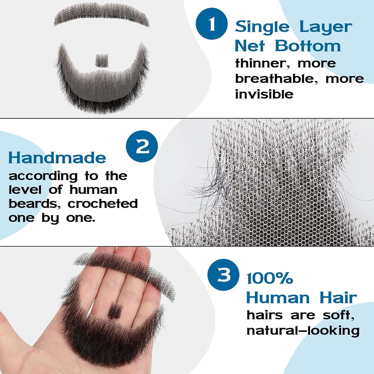 HIGH VERTEX 100% Human Hair Full Hand Tied Lace Fake Mustache Goatee Human Hair Fake Beard Realistic Makeup for Drama/Party/Entertainment/Movie Prop for Halloween Funny Cosplay Costume Party