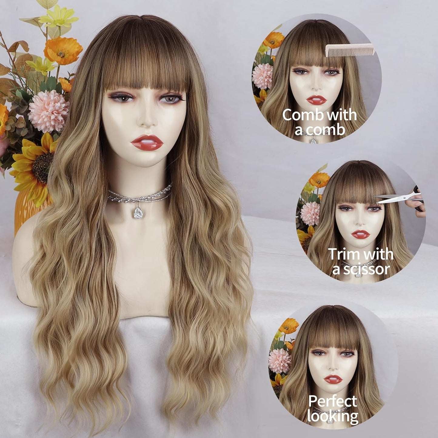 Authenhair  Blonde Wig With Bangs Long Wavy Curly Ombre Wig with Dark Root Synthetic Heat Resistant Wigs for Women Daily Party Use 26 Inches