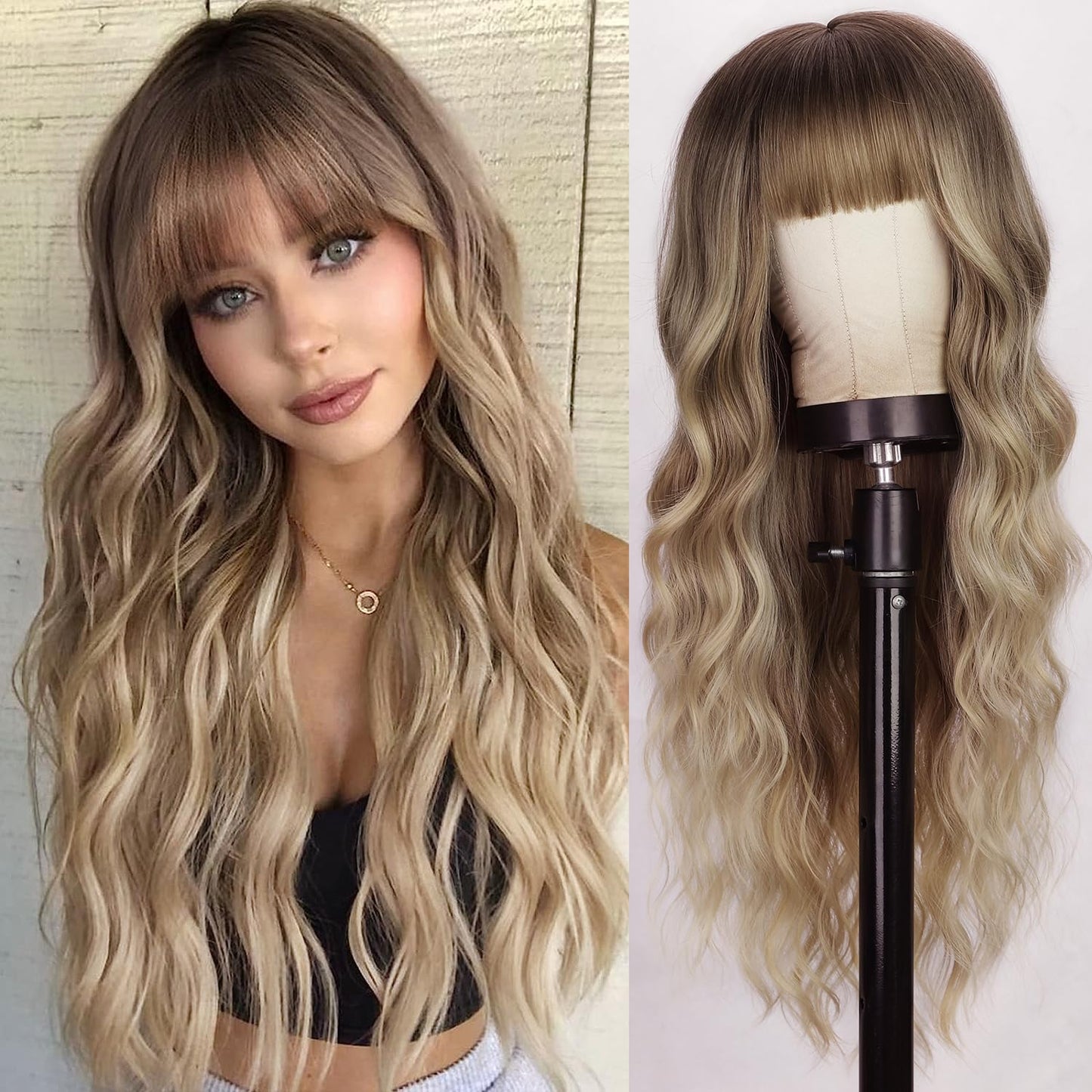 Authenhair  Blonde Wig With Bangs Long Wavy Curly Ombre Wig with Dark Root Synthetic Heat Resistant Wigs for Women Daily Party Use 26 Inches