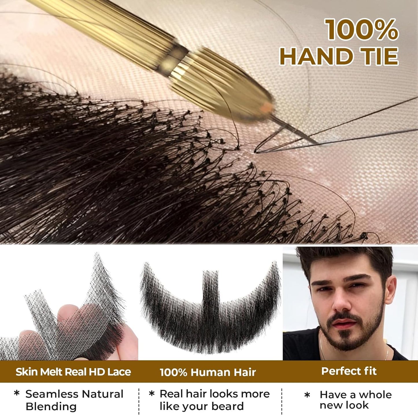 HAIRCUBE Fake Mustache Realistic Beard 100% Human Hair Full Hand Tied Facial Hair Fake Goatee False Beards Lace Invisible Fake Mustache for Entertainment Party Drama Movie Makeup